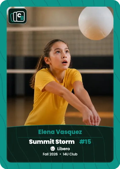Custom volleyball trading card made from a player photo, with team, position, and season on the nameplate