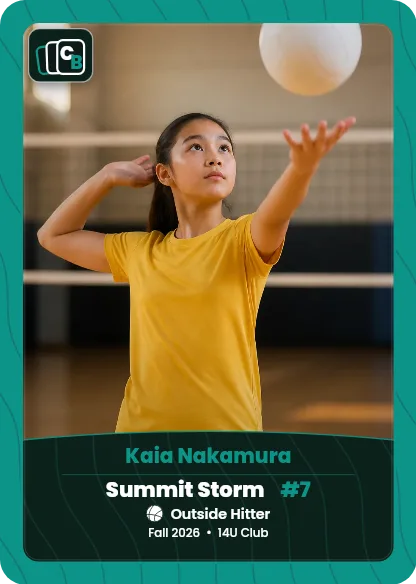 Custom volleyball trading card made from a player photo, with team, position, and season on the nameplate