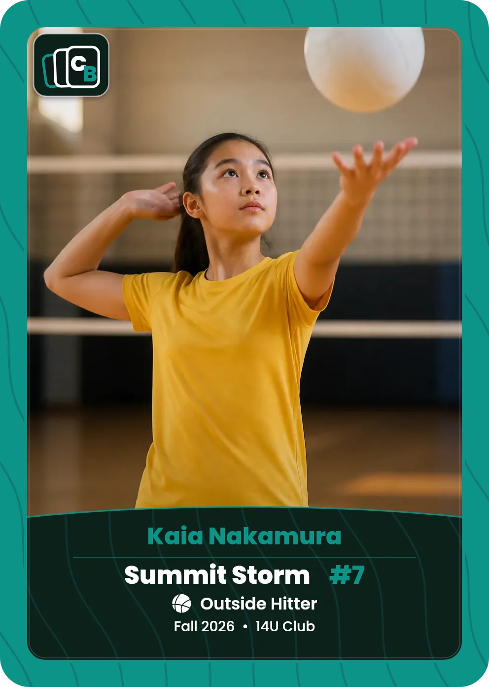 Custom volleyball trading card made from a player photo, with team, position, and season on the nameplate
