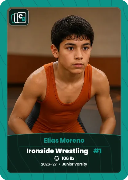 Custom wrestling trading card made from a player photo, with team, position, and season on the nameplate
