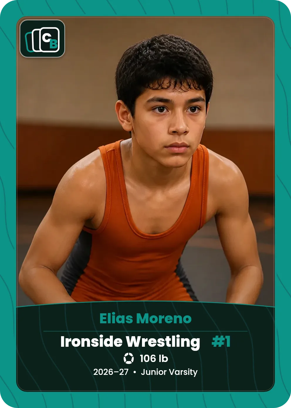 Custom wrestling trading card made from a player photo, with team, position, and season on the nameplate